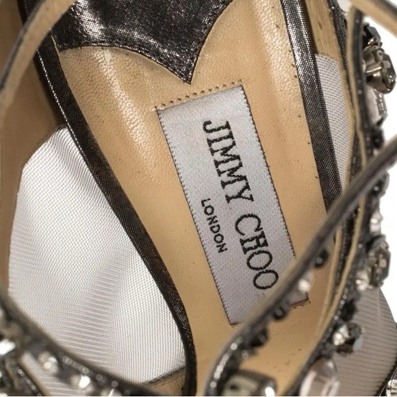 Jimmy Choo Viola Metallic Leather and Mesh Crystal Embellished Sandals Size 37. - Picture 10 of 17